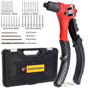 rivet gun, giantisan pop rivet tool kit with 200 rivets and 4 drill bits, manual hand riveter kit with rugged carrying case