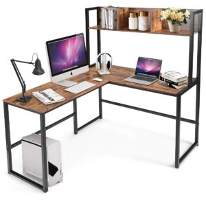 tangkula reversible l-shaped desk with hutch, space saving corner computer desk with storage shelves, home office study writing desk computer workstation with storage bookshelf, gaming desk