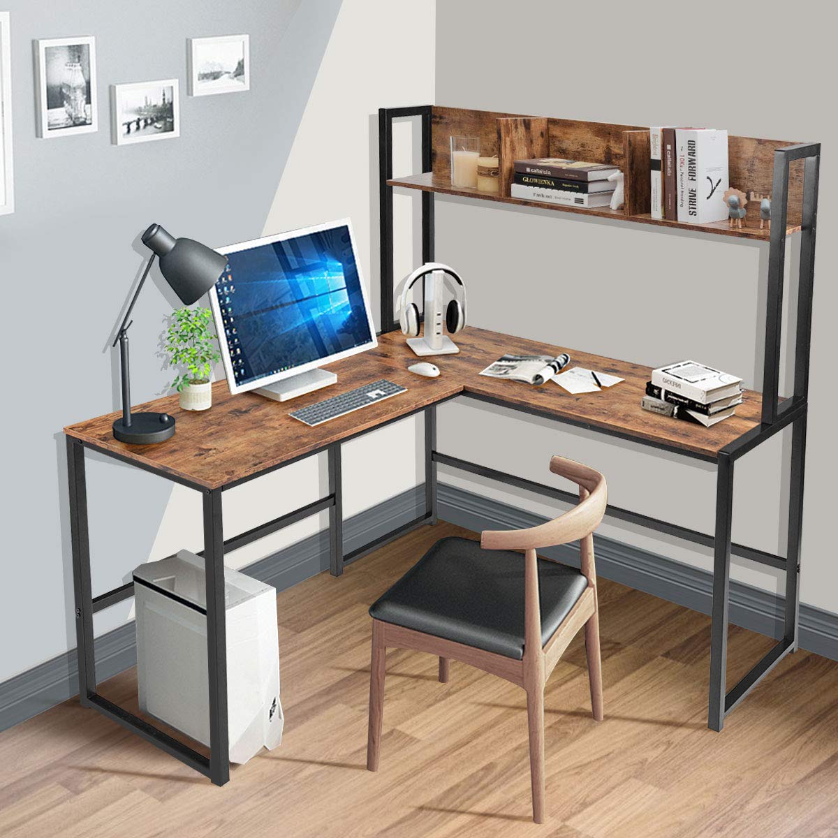 Tangkula Reversible L-Shaped Desk with Hutch, Space Saving Corner Computer Desk with Storage Shelves, Home Office Study Writing Desk Computer Workstation with Storage Bookshelf, Gaming Desk