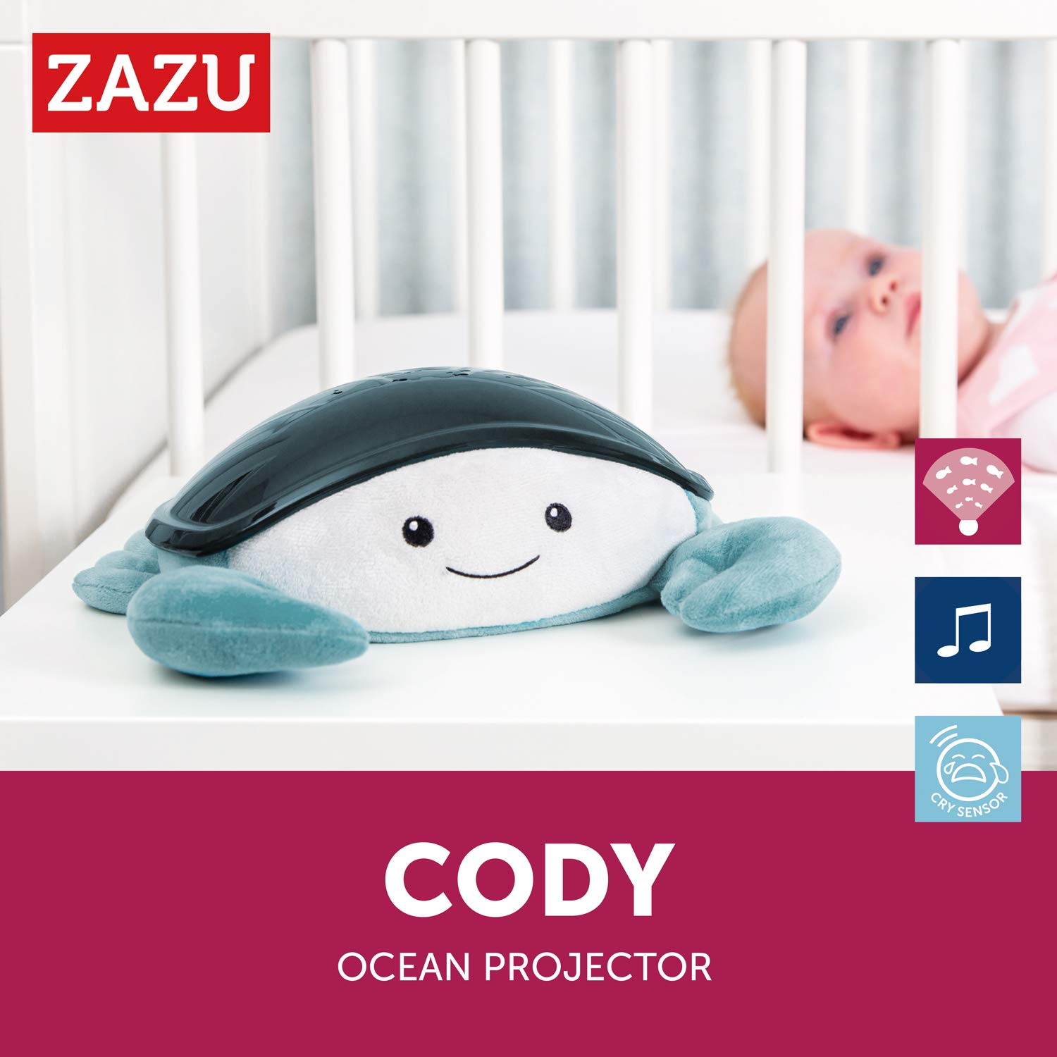 Zazu Cody The Crab Nightlight - LED Projector | Ocean Theme with Moving Fishes | Waves & Soothing Melodies | Battery-Operated Portable Baby Soother | 3 Steps Sleep Program | 5 Sounds | Cry Sensor