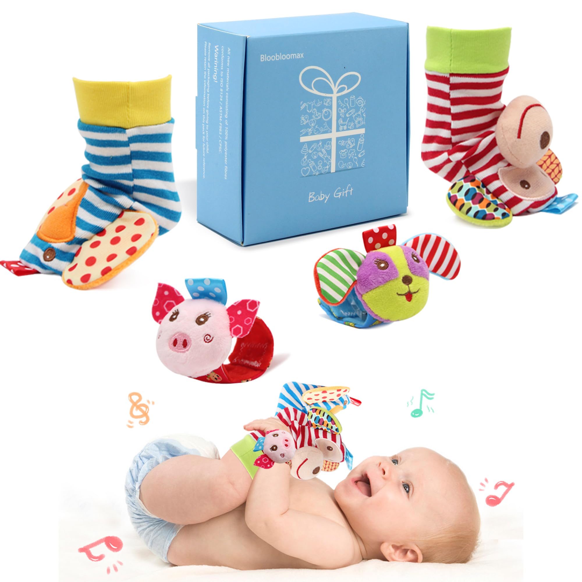 Soft Baby Rattle Toys Foot Finder Socks Wrists Rattles, Ankle Leg Hand Arm Bracelet Activity Rattle, Present Gift for Newborn Infant Babies Boy Girl Bebe 4pcs