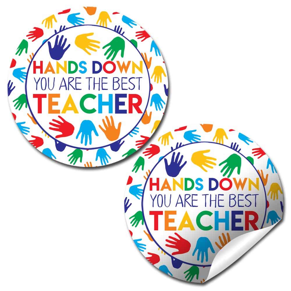 You’re The Best Teacher Handprint Themed Appreciation Thank You Sticker Labels, 40 2" Party Circle Stickers by AmandaCreation, Great for Envelope Seals & Gift Bags