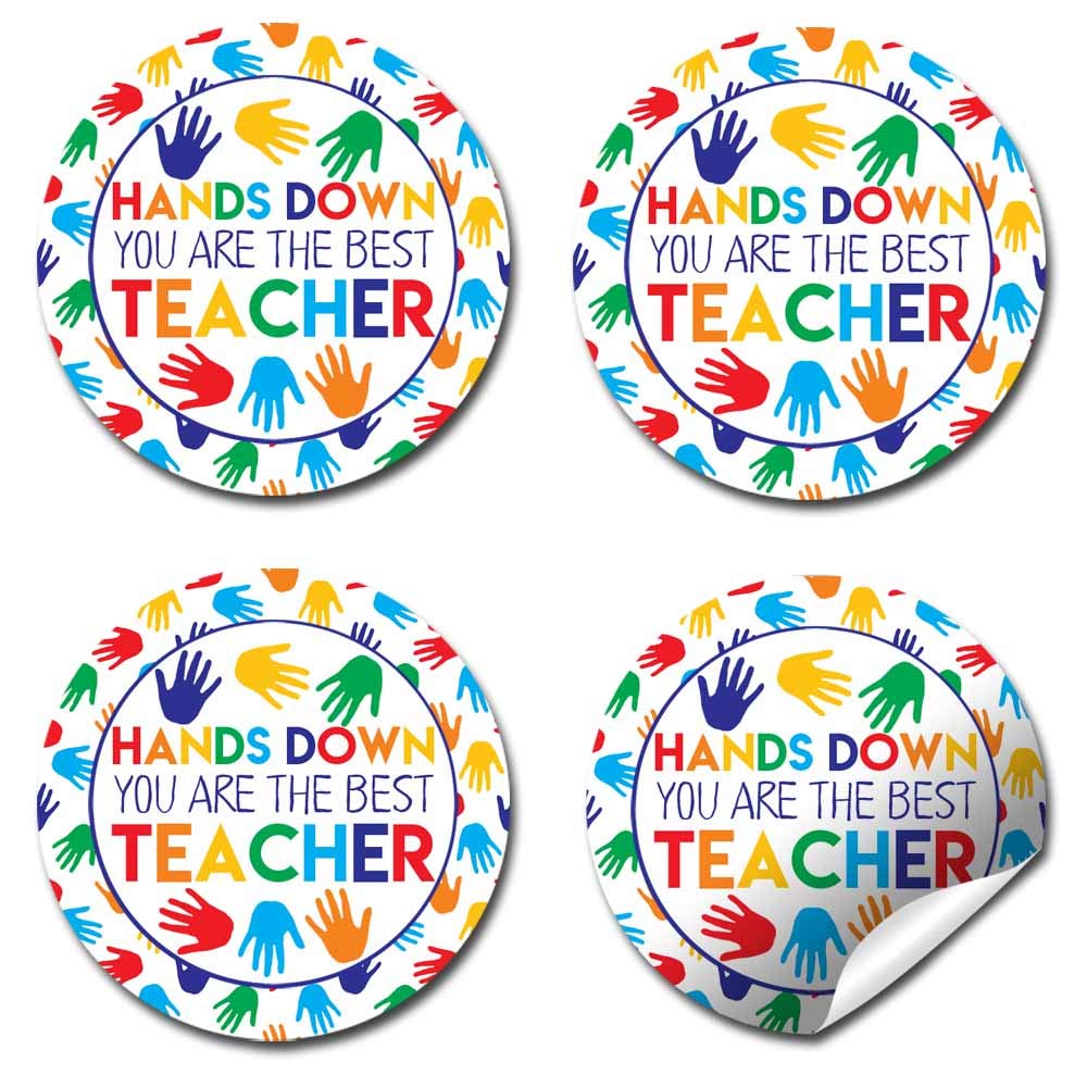 You’re The Best Teacher Handprint Themed Appreciation Thank You Sticker Labels, 40 2" Party Circle Stickers by AmandaCreation, Great for Envelope Seals & Gift Bags