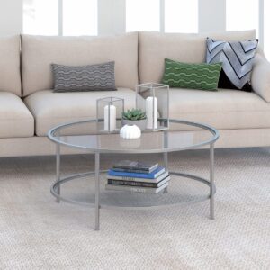 henn&hart 36" wide round round coffee table with glass top in nickel, modern round coffee tables for living room, studio apartment essentials