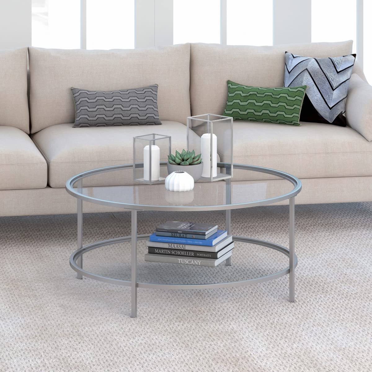 Henn&Hart 36" Wide Round Round Coffee Table with Glass Top in Nickel, Modern Round Coffee Tables for living room, studio apartment essentials