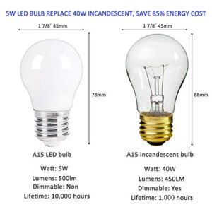 LED Appliance Light Bulb for Refrigerator Fridge Over Microwave Hood Stove Replacement A15 40W Incandescent Bulb E26 Medium Base 120V 5W 500lm Soft White Non dimmable Warm White 3000K Pack of 2