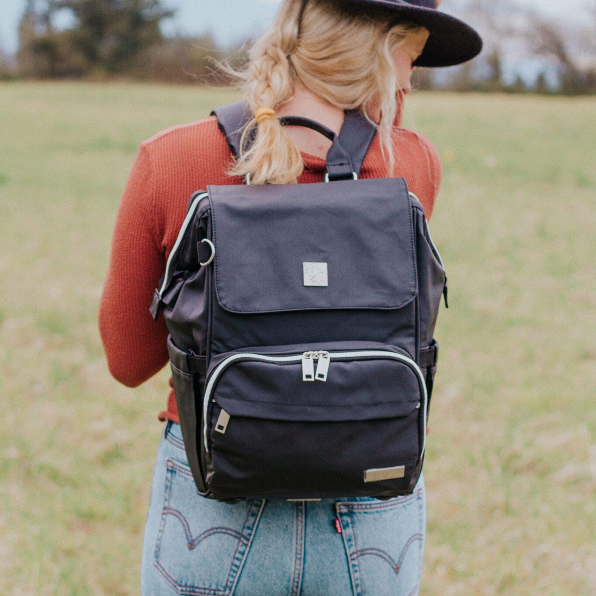 The Kennedy Diaper Bag Backpack for Mom or Dad with Stroller Straps, Baby Changing Pad & USB Hub, Neutral (Black)