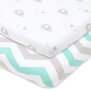 travel crib fitted sheets compatible with guava lotus, baby bjorn, dream on me travel crib light playard – fits perfectly on 24 x 42” mattress without bunching up – snuggly soft jersey cotton – 2 pack