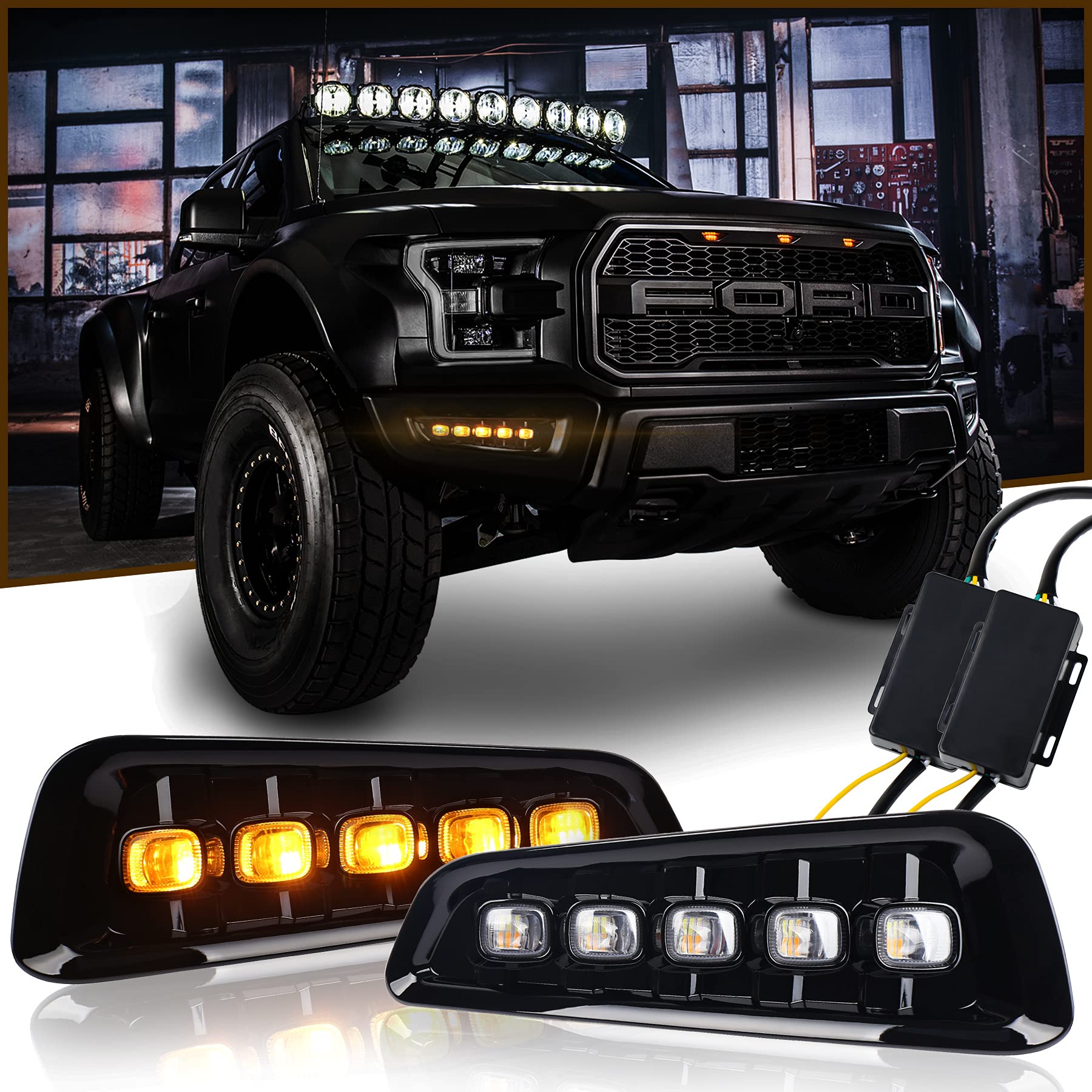 Ford Raptor Fog Lights with Switchback LED Turn Signals Daytime Running Light Compatible for Ford Raptor 2017 2018 2019 2020 Gen 2