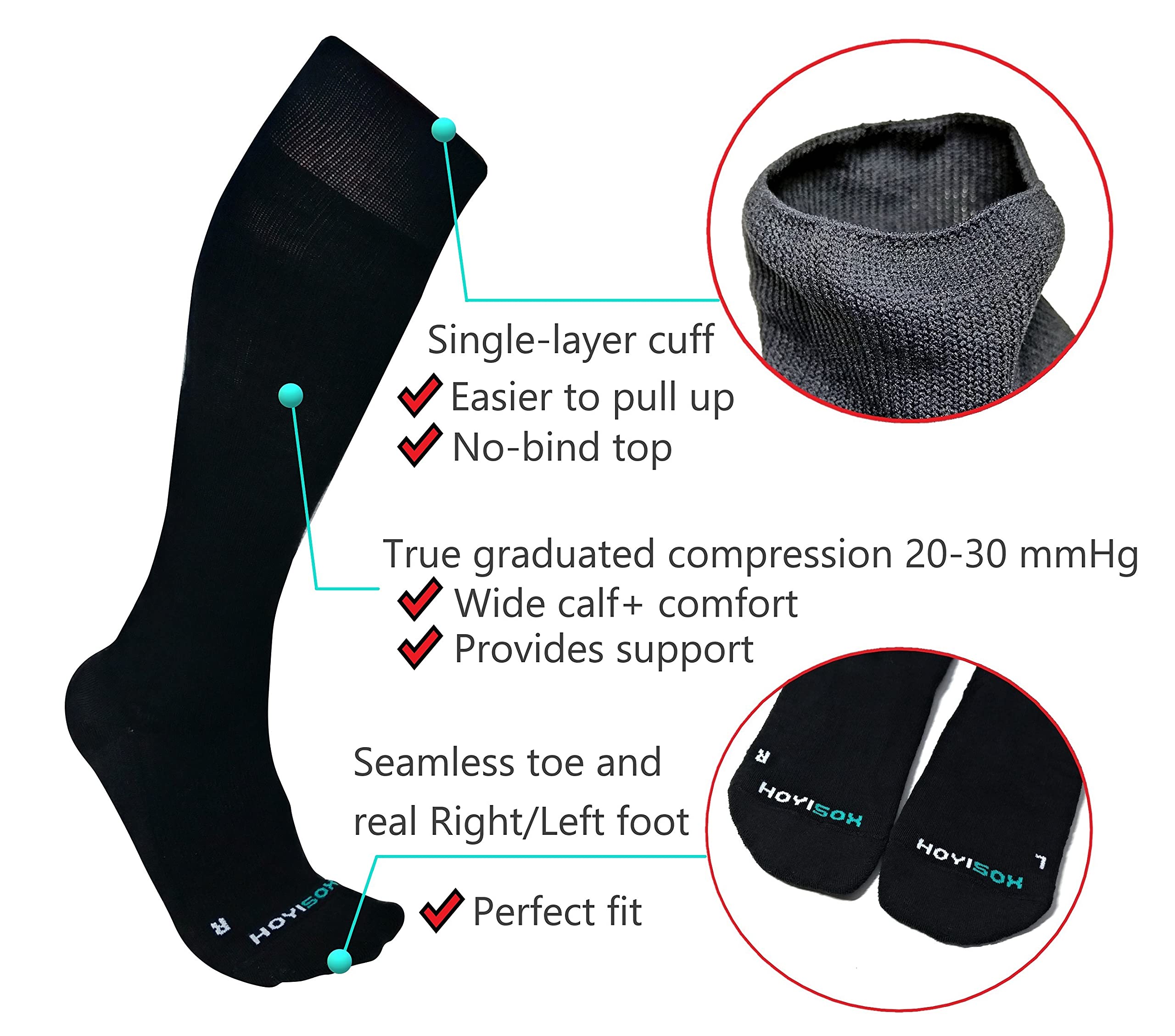 HOYISOX Plus Size Compression Knee High Socks, Wide Calf Extra Large for Men and Women, Comfortable Cotton (US, Alpha, 4X-Large, Regular, Regular, Black)