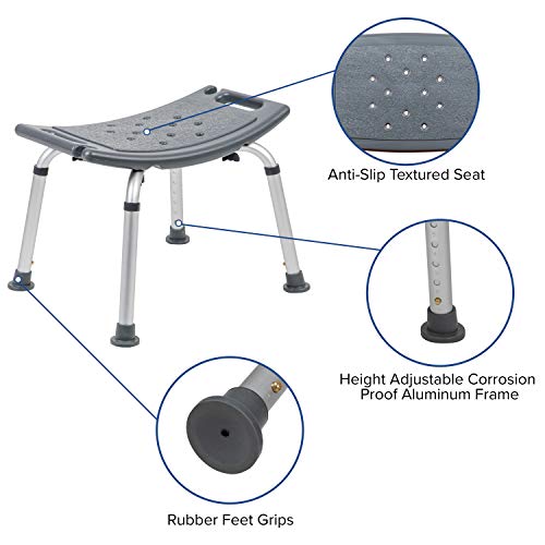 Flash Furniture HERCULES Series Tool-Free and Quick Assembly, 300 Lb. Capacity, Adjustable Gray Bath & Shower Chair with Non-slip Feet