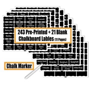 SWOMMOLY 264 Pantry Labels Set, 243 preprinted and 21 Blank Labels with a Chalk Marker Pen. Water Resistant Food Pantry Label Sticker, Complete Jar Container Decals for Pantry Organization Storage