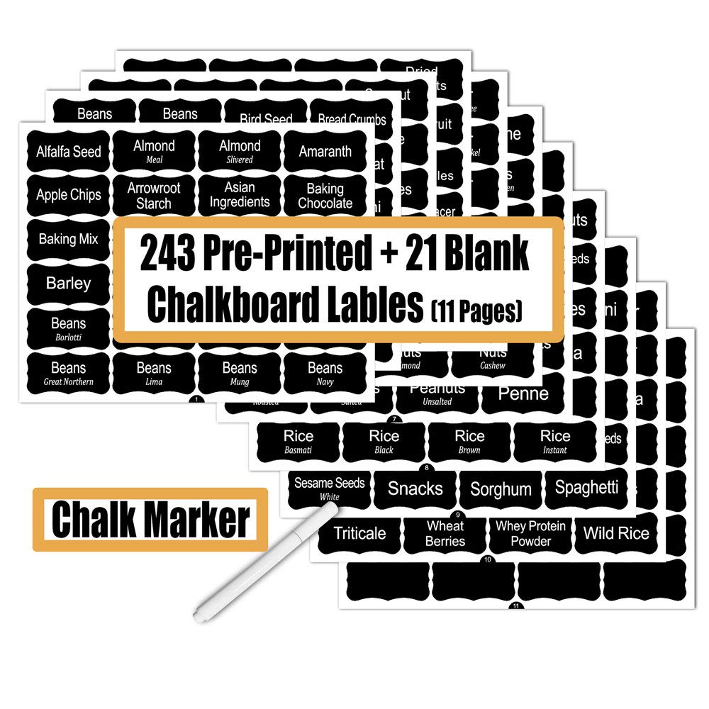 SWOMMOLY 264 Pantry Labels Set, 243 preprinted and 21 Blank Labels with a Chalk Marker Pen. Water Resistant Food Pantry Label Sticker, Complete Jar Container Decals for Pantry Organization Storage