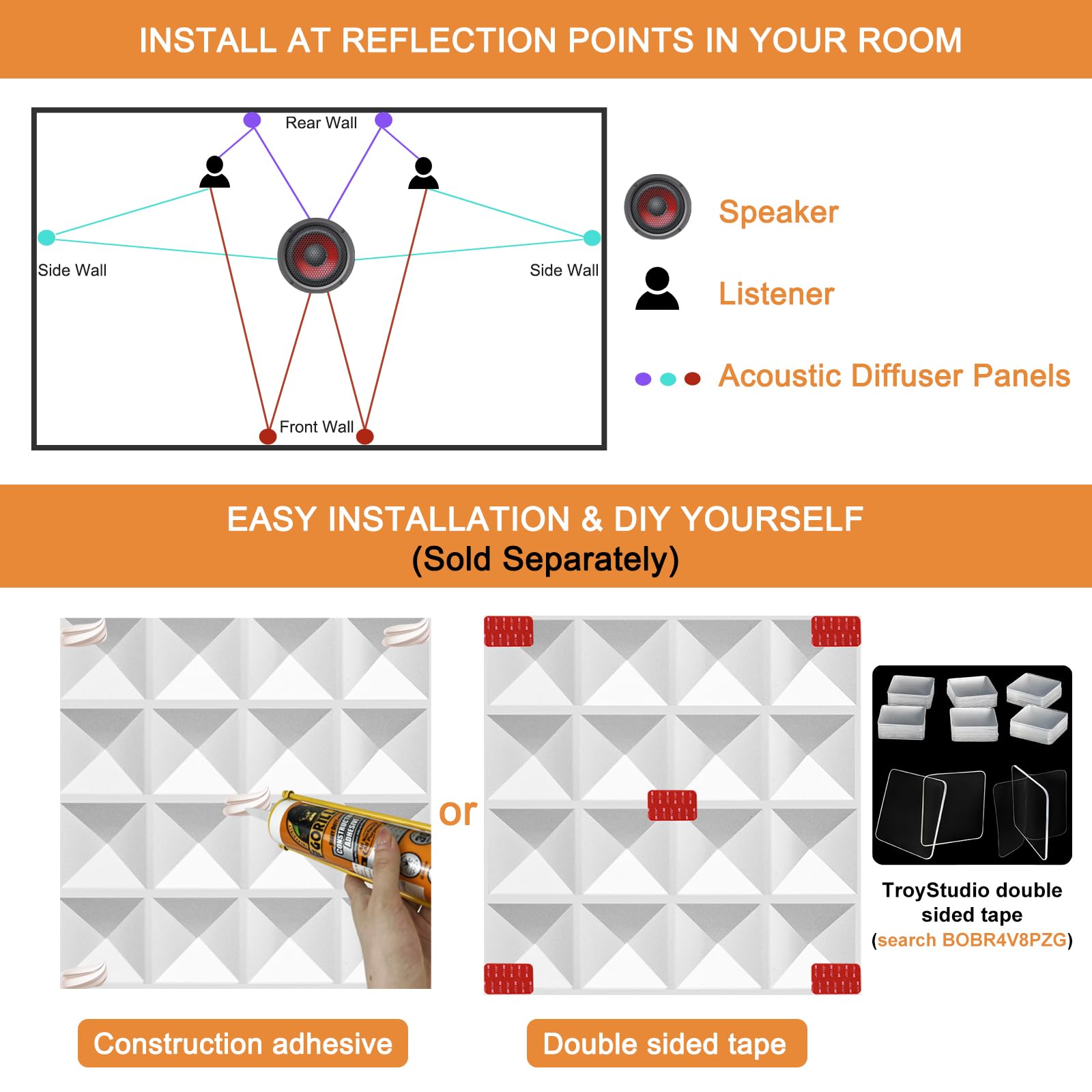 TroyStudio Acoustic Sound Diffuser Panels, 12 X 12 X 1 inches 16 Pcs PVC Plastic Wall Panel, Recording Studio Acoustical Treatments Diffusion panel, 3d Art Decorative Ceiling Tiles (Pyramid, White)