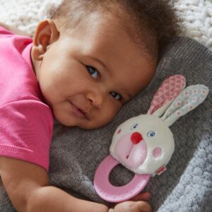 HABA Chomp Champ Bunny Teether - with Crinkle Ears and Plastic Teething Ring for Babies from Birth and Up