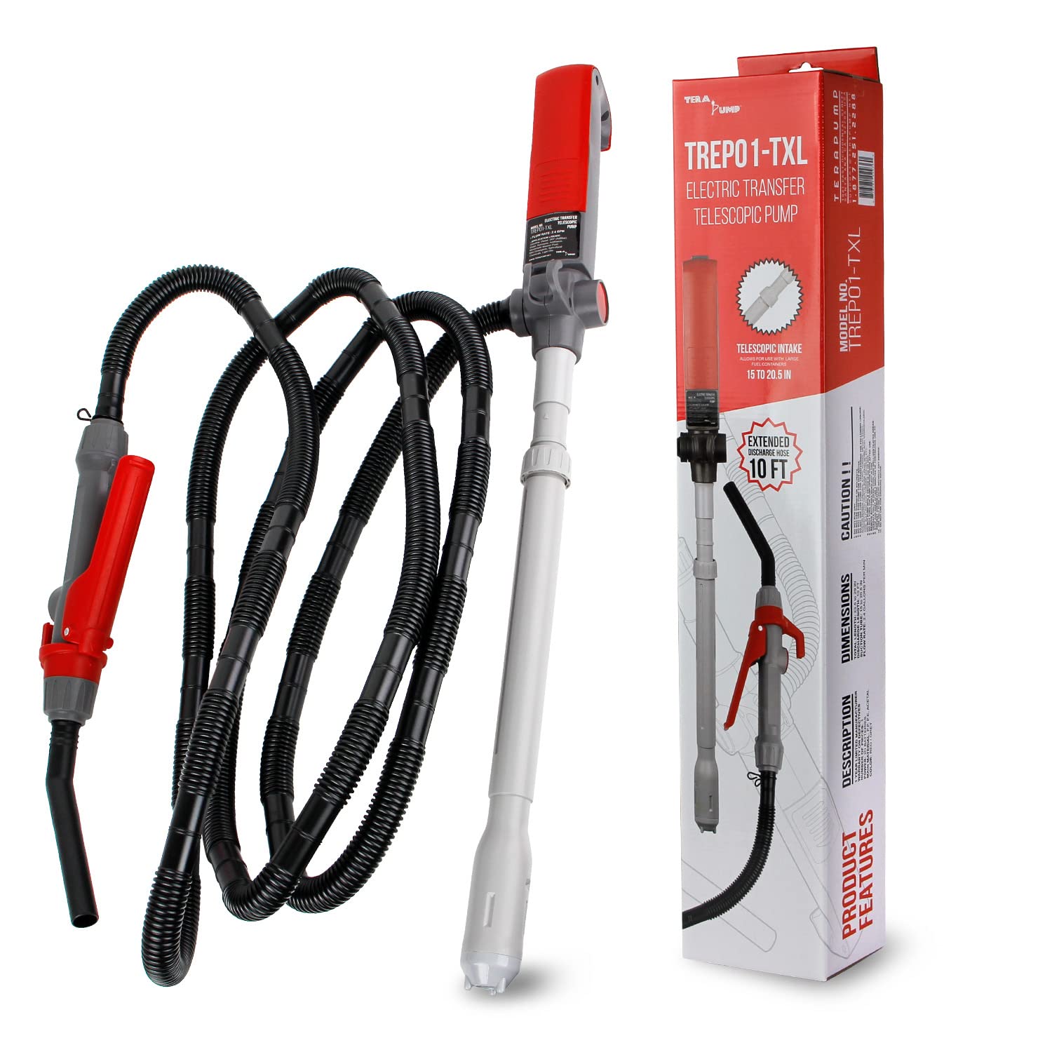 TERA PUMP [10 Ft XL Discharge Hose] Battery Powered Fuel Transfer Pump (2.4 Gal/Min) with Locking Lever Control Nozzle