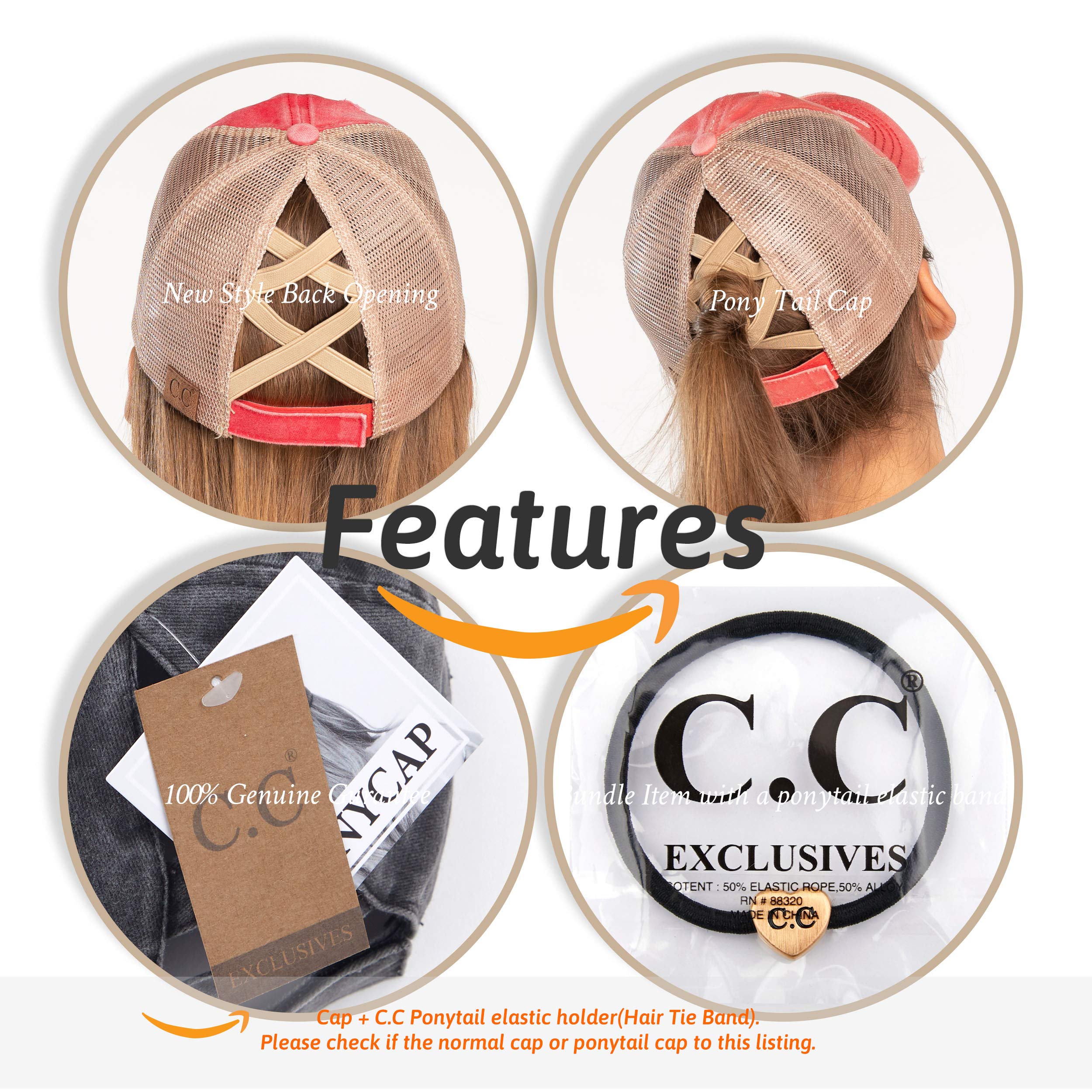 C.C Exclusives Washed Distressed Cotton Denim Criss-Cross Ponytail Hat Baseball Cap Bundle Hair Tie (BT-780)(BT-791) (A Elastic Band-Black)