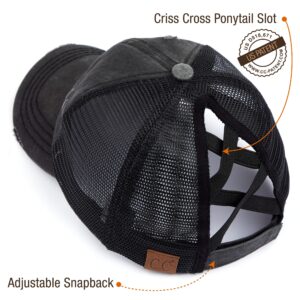 C.C Exclusives Washed Distressed Cotton Denim Criss-Cross Ponytail Hat Baseball Cap Bundle Hair Tie (BT-780)(BT-791) (A Elastic Band-Black)
