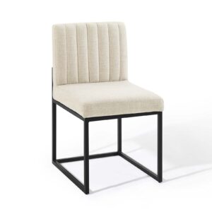 Modway Carriage Channel Tufted Sled Base Upholstered Fabric Dining Chair, Black Beige