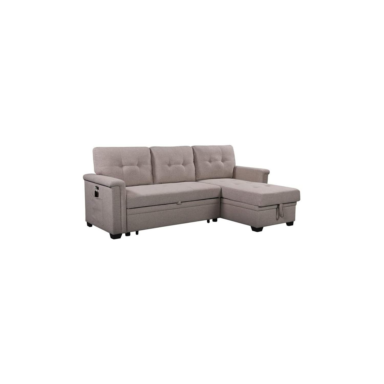 Lilola Home Ashlyn Light Gray Reversible Sleeper Sectional Sofa with Storage Chaise, USB Charging Ports and Pocket