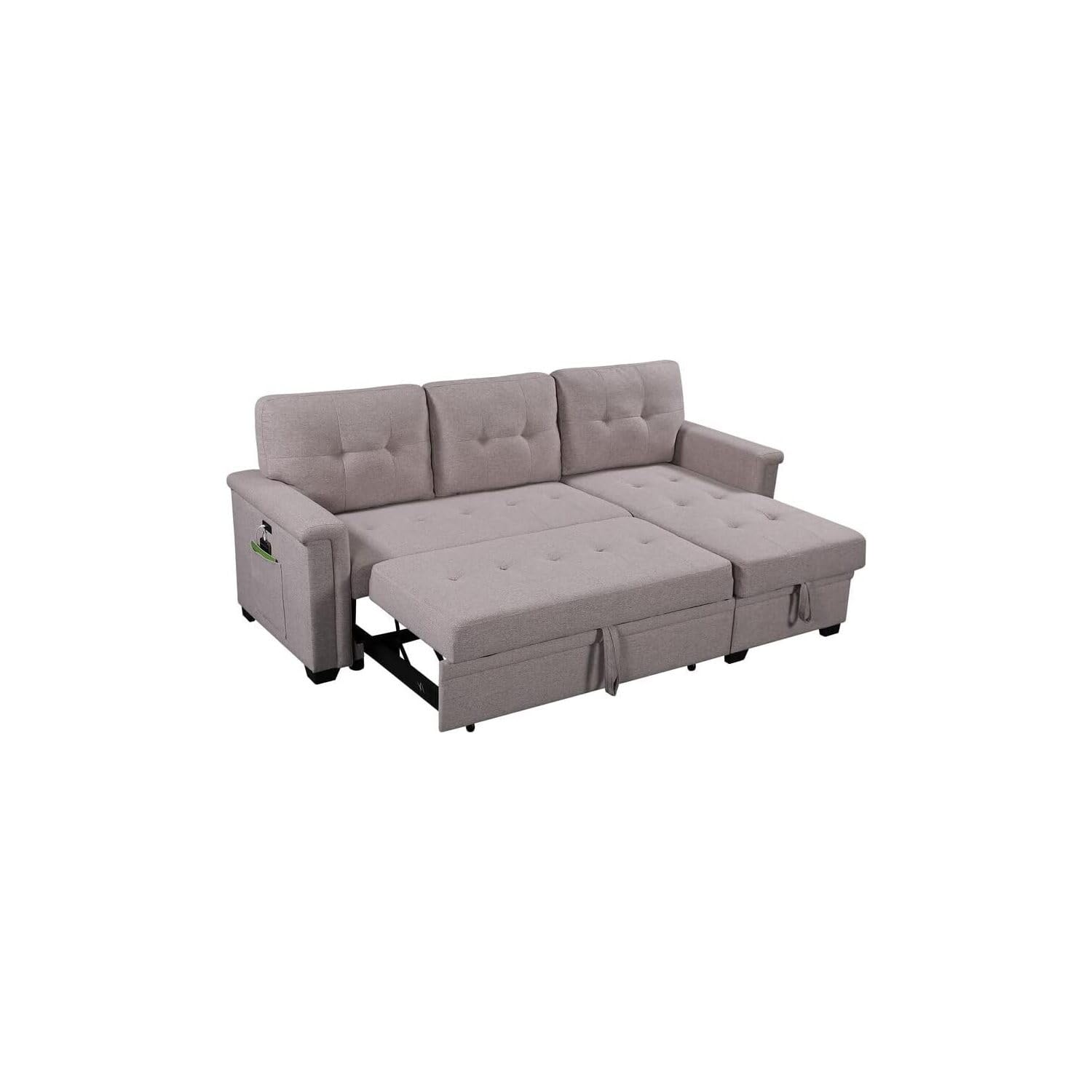 Lilola Home Ashlyn Light Gray Reversible Sleeper Sectional Sofa with Storage Chaise, USB Charging Ports and Pocket