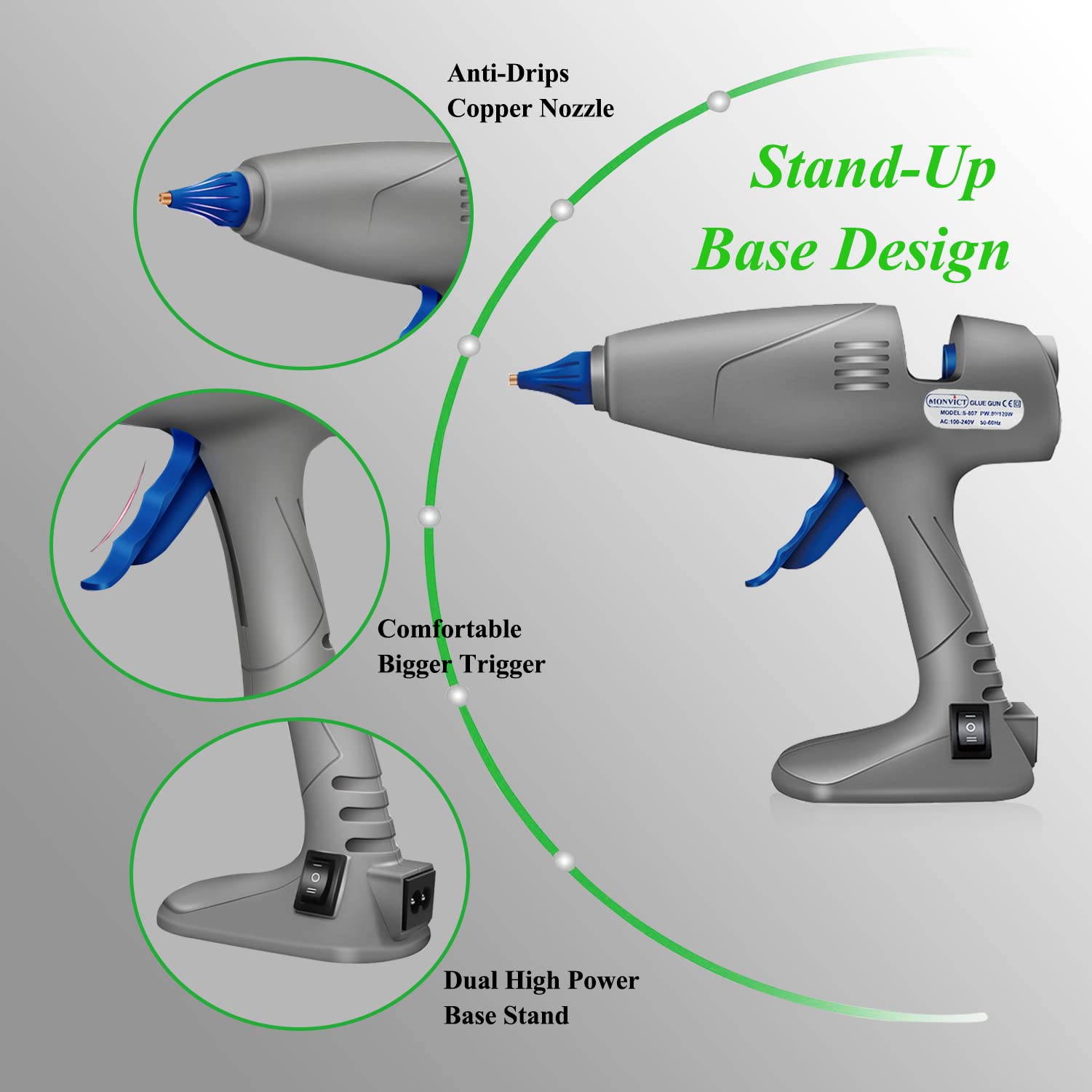 Full Size Hot Glue Gun, MONVICT 120W&80W Glue Guns Dual Temp Large Industry Glue Gun, Corded Detachable Cord Use Stand-Up Base Anti-drip Hot Melt Glue Gun with 12 Glue Sticks for Art DIY Craft Repair