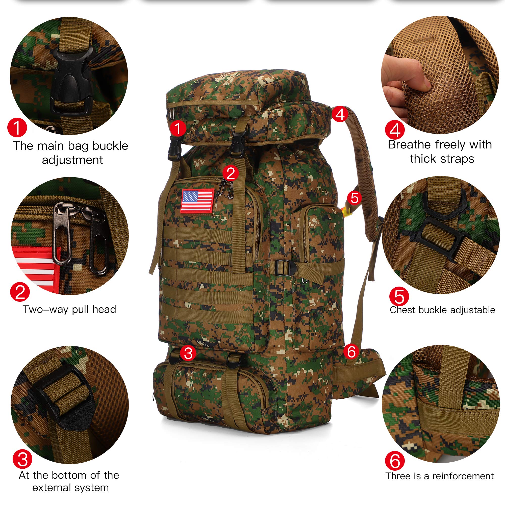 70l Hiking Backpack for Men Waterproof Military Camping Rucksack Travel Daypack