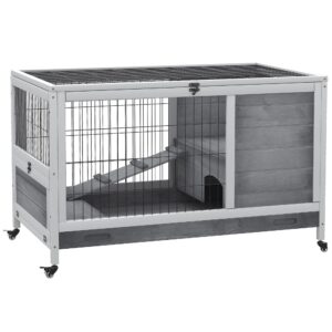 pawhut wooden rabbit hutch indoor outdoor, elevated bunny cage with no leak tray enclosed run with wheels, ideal for guinea pigs and small animals, gray