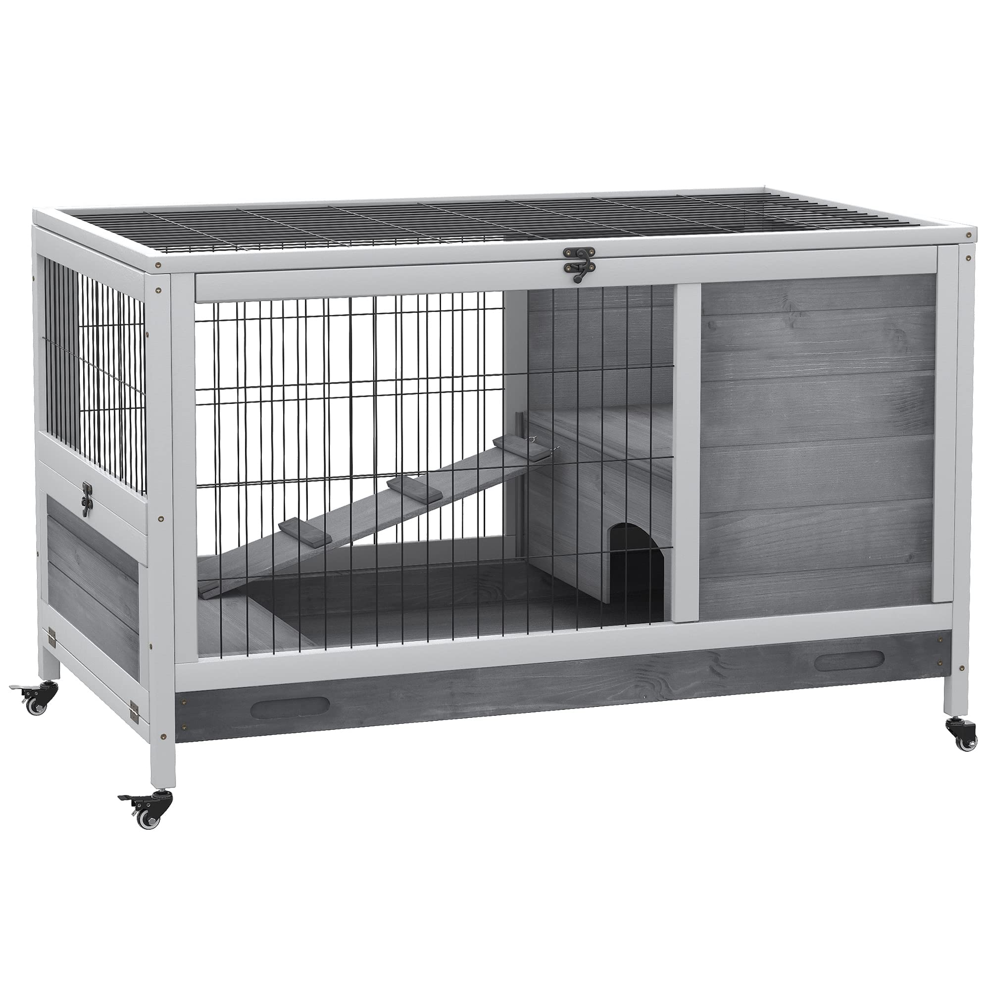 PawHut Wooden Rabbit Hutch Indoor Outdoor, Elevated Bunny Cage with No Leak Tray Enclosed Run with Wheels, Ideal for Guinea Pigs and Small Animals, Gray