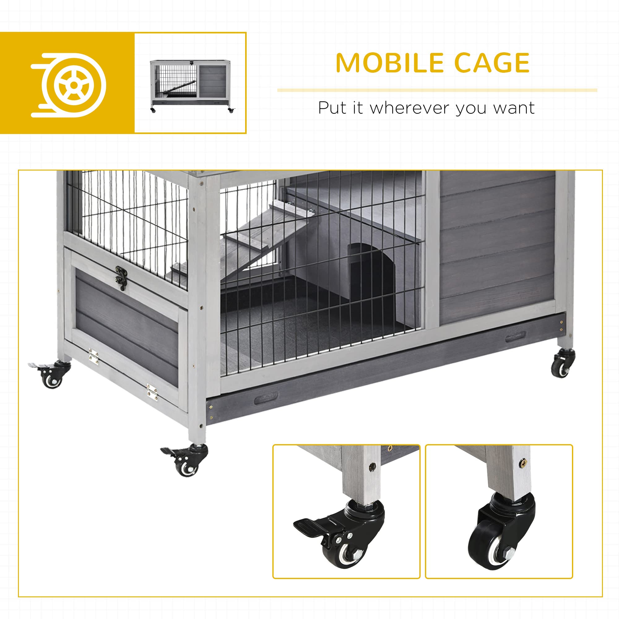 PawHut Wooden Rabbit Hutch Indoor Outdoor, Elevated Bunny Cage with No Leak Tray Enclosed Run with Wheels, Ideal for Guinea Pigs and Small Animals, Gray