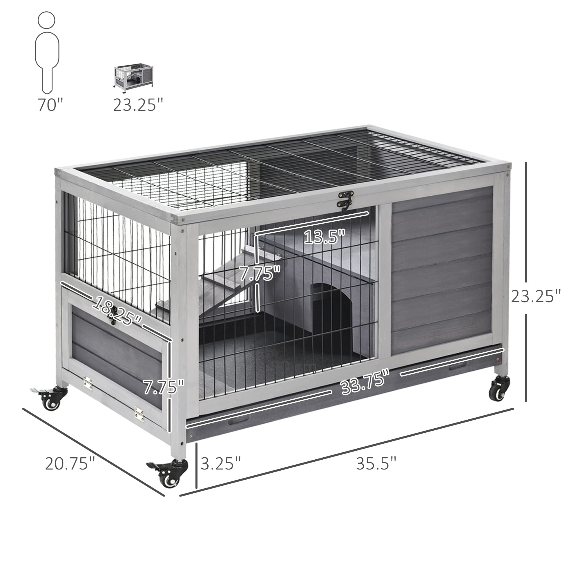 PawHut Wooden Rabbit Hutch Indoor Outdoor, Elevated Bunny Cage with No Leak Tray Enclosed Run with Wheels, Ideal for Guinea Pigs and Small Animals, Gray