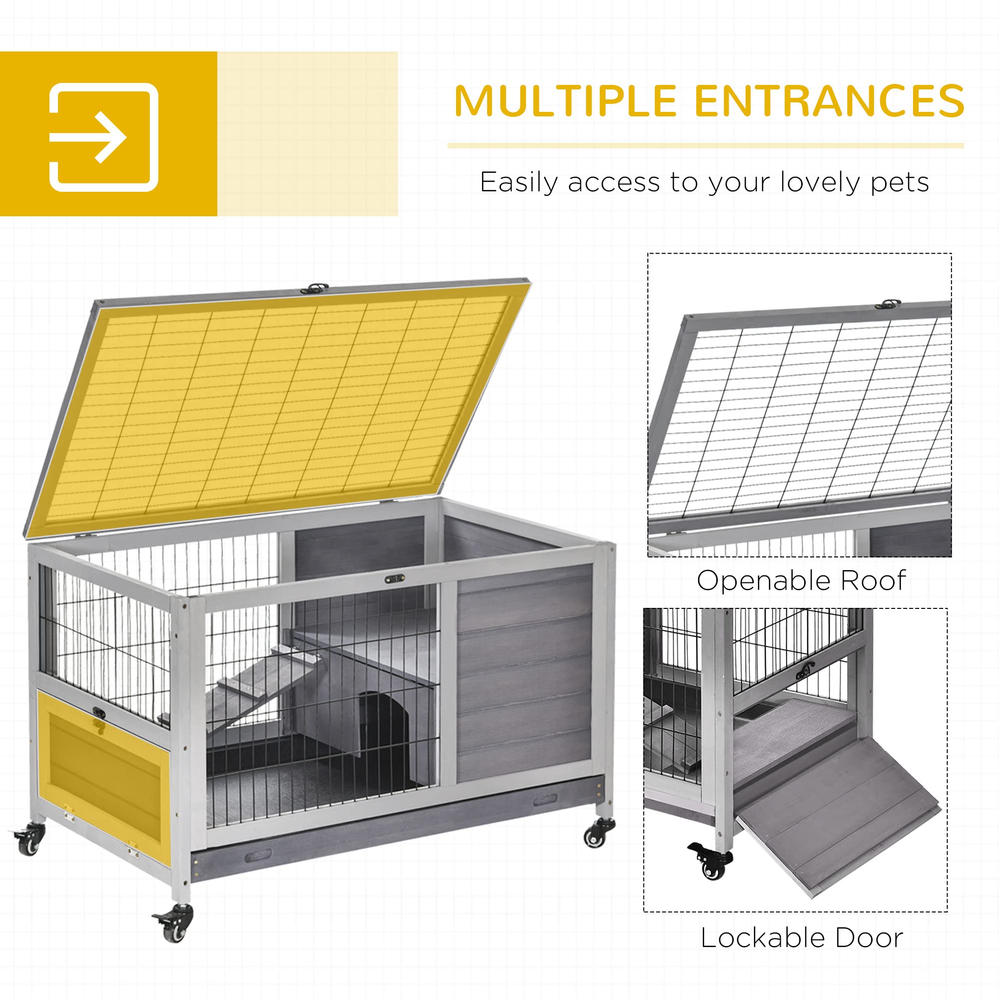 PawHut Wooden Rabbit Hutch Indoor Outdoor, Elevated Bunny Cage with No Leak Tray Enclosed Run with Wheels, Ideal for Guinea Pigs and Small Animals, Gray