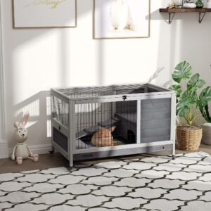 PawHut Wooden Rabbit Hutch Indoor Outdoor, Elevated Bunny Cage with No Leak Tray Enclosed Run with Wheels, Ideal for Guinea Pigs and Small Animals, Gray