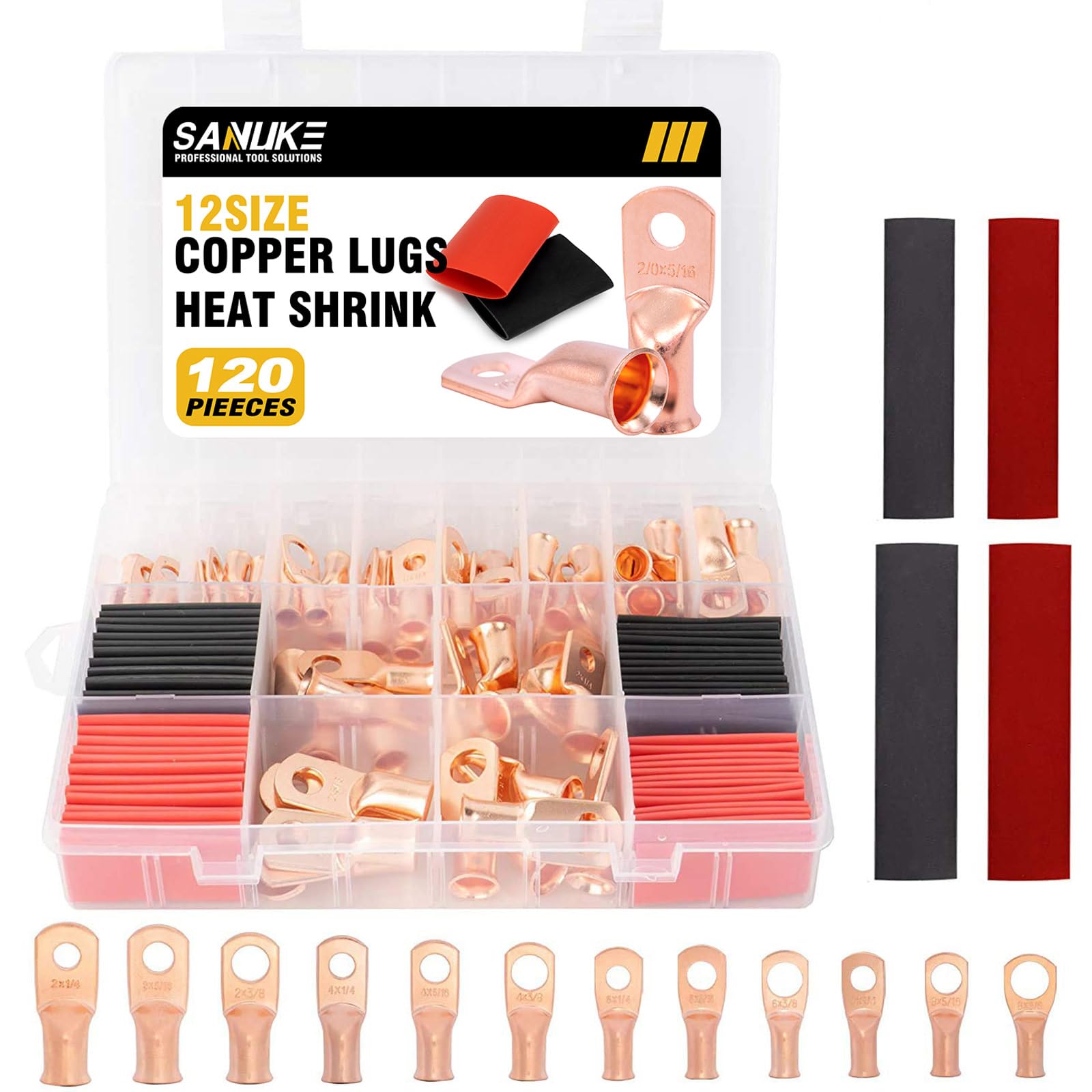 Sanuke 120Pcs AWG 8 6 4 2 Copper Wire Lugs with Heat Shrink Set, 60Pcs Heavy Duty Battery Cable Closed End Tubular Ring Terminals Connectors with 60Pcs Heat Shrink Tubing