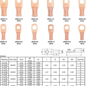 Sanuke 120Pcs AWG 8 6 4 2 Copper Wire Lugs with Heat Shrink Set, 60Pcs Heavy Duty Battery Cable Closed End Tubular Ring Terminals Connectors with 60Pcs Heat Shrink Tubing