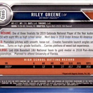 2019 Bowman Draft #BD-50 Riley Greene RC Rookie Detroit Tigers MLB Baseball Trading Card