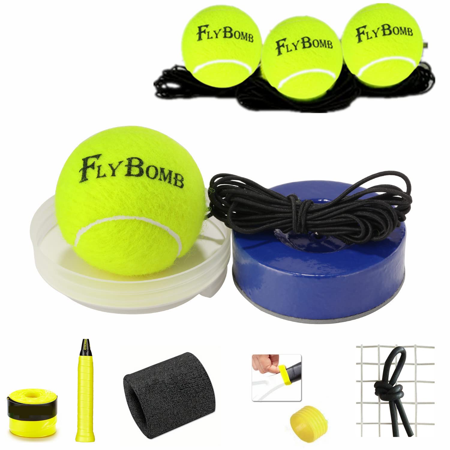 flybomb Portable Tennis Trainer 2.05LB Weight Heavy Iron Base Tennis Training Tool Exercise Tenis Ball Sports Self-Study,3 Replacement Rebound Balls+Wristband+Overgrip+Ring+Damper