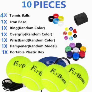 flybomb Portable Tennis Trainer 2.05LB Weight Heavy Iron Base Tennis Training Tool Exercise Tenis Ball Sports Self-Study,3 Replacement Rebound Balls+Wristband+Overgrip+Ring+Damper