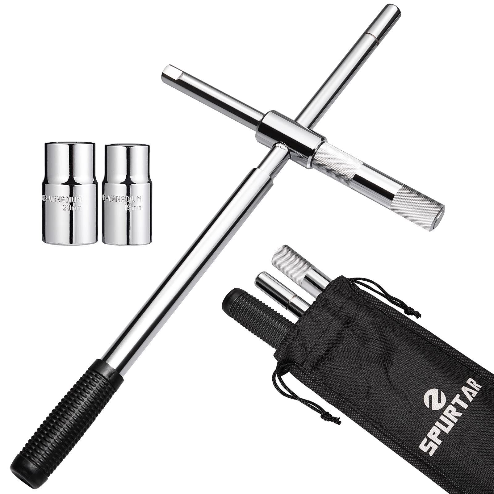 Spurtar Extended Lug Wrench Lug Nut Wrench, 4 Way Lug Wrench Tire Iron Lug Wrench, Lug Nut Remover 1/2 Drive with 17/19mm and 21/23mm Sockets