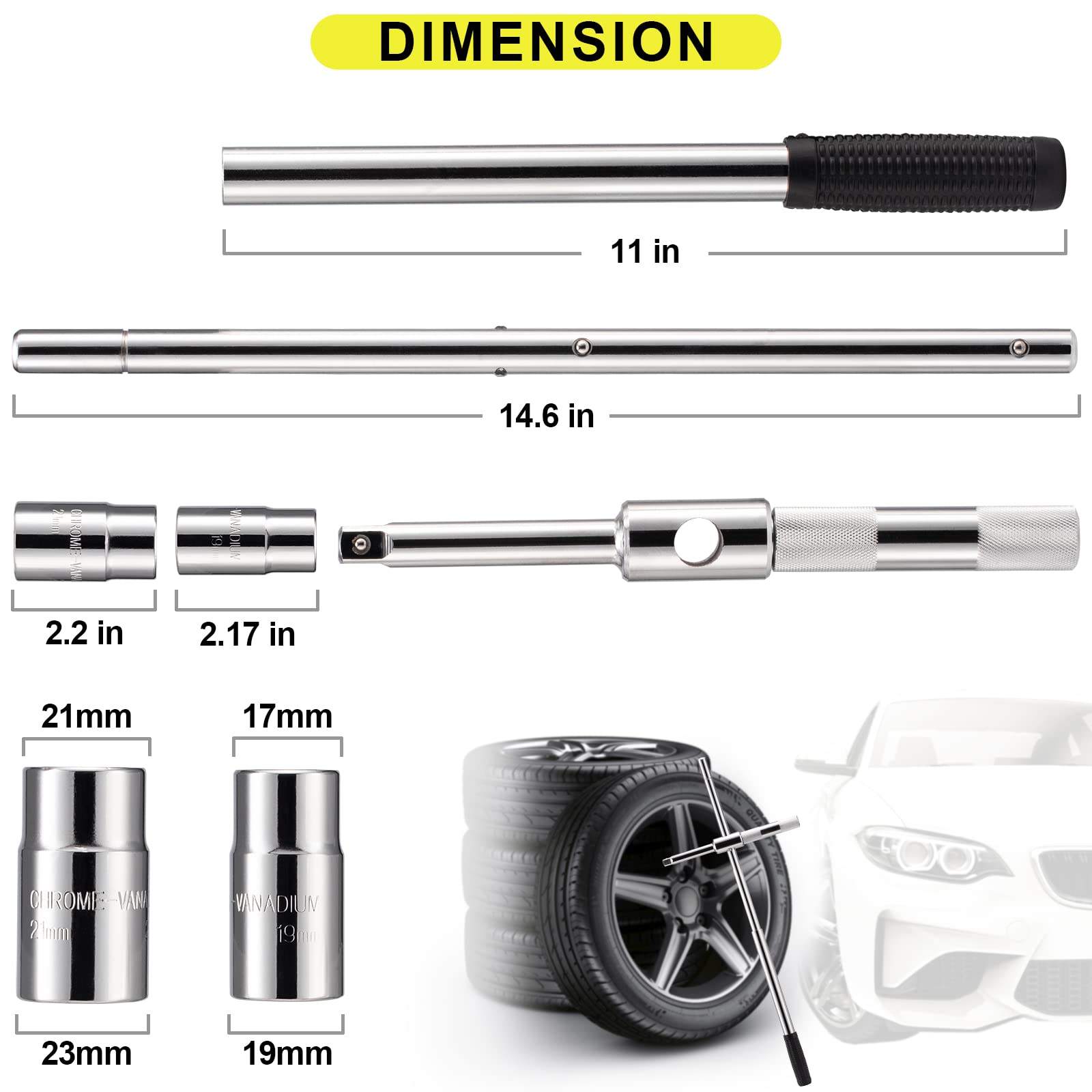 Spurtar Extended Lug Wrench Lug Nut Wrench, 4 Way Lug Wrench Tire Iron Lug Wrench, Lug Nut Remover 1/2 Drive with 17/19mm and 21/23mm Sockets