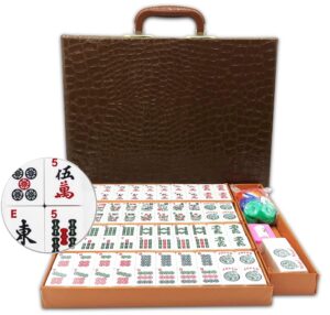 american mahjong game set 166 white engraved tiles for western mah jong, mah jongg play with traveler size carrying case, dices, chips, manual,win indicator. / racks and pushers not included