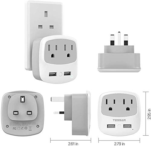 TESSAN US to UK Plug Adapter, Type G Travel Adaptor with 2 USB 2 Electrical Outlets, UK Power Adapter for USA to Ireland England London Scotland British Dubai Kenya Hong Kong Qatar, 2-Pack Gray