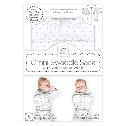 SwaddleDesigns 6-way Omni Swaddle Sack for Newborn with Wrap & Arms Up Sleeves & Mitten Cuffs, Easy Swaddle Transition, Better Sleep for Baby Boys & Girls, Sterling Polka Dot, Small, 0-3 Months