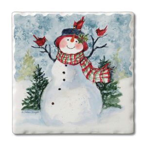 counterart snowman & cardinals 1 pack single absorbent stone coaster manufactured in the usa 4" square, protective cork backing, colorful & easily wipes clean