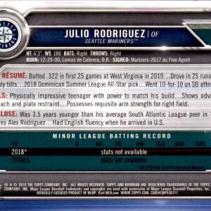 2019 Bowman Draft #BD-60 Julio Rodriguez RC Rookie Seattle Mariners MLB Baseball Trading Card