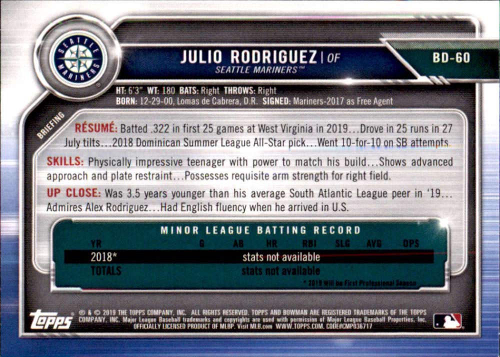 2019 Bowman Draft #BD-60 Julio Rodriguez RC Rookie Seattle Mariners MLB Baseball Trading Card