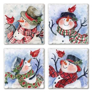 thirstystone watercolor snowman multi-image absorbent stone tumbled tile coaster 4 pack with protective cork backing manufactured in the usa