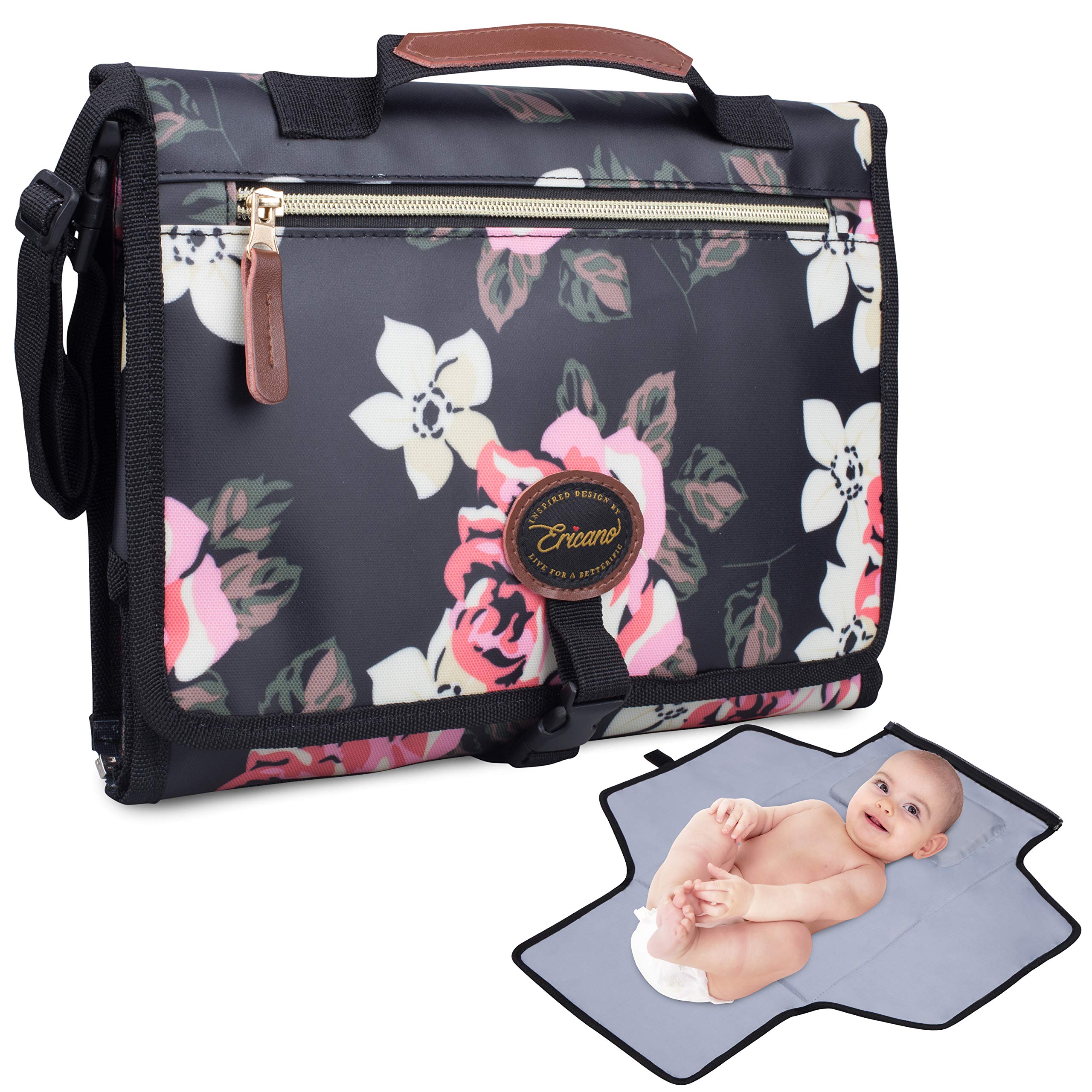 Portable Diaper Changing Pad Thick Cushion Pillow - Foldable Clutch Bag Travel Changing Mat Detachable Wipe Pockets Baby Gift - Black Pink Floral Rose