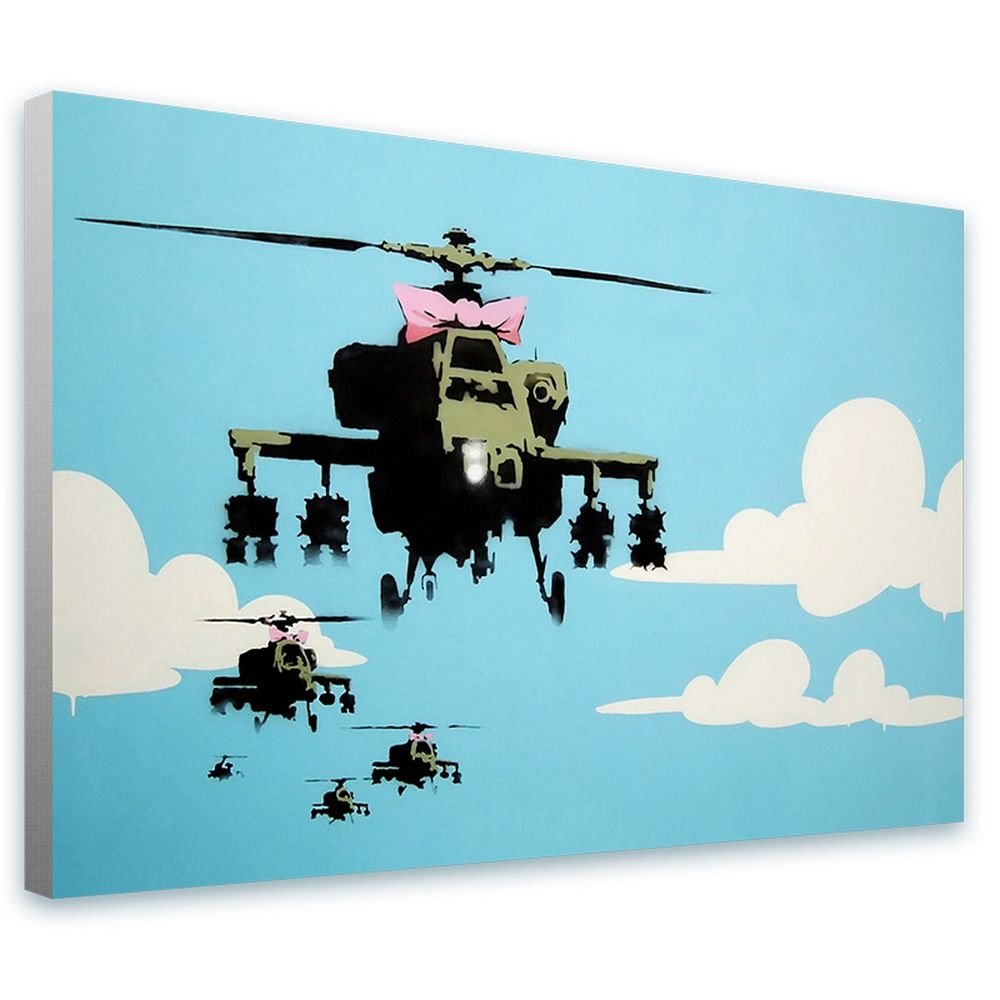 Alonline Art - Helicopter Apache by Banksy | framed stretched canvas (Synthetic) on a ready to hang frame - gallery wrapped | 30"x20" - 76x51cm | Wall art home decor for nursery picture HD artwork