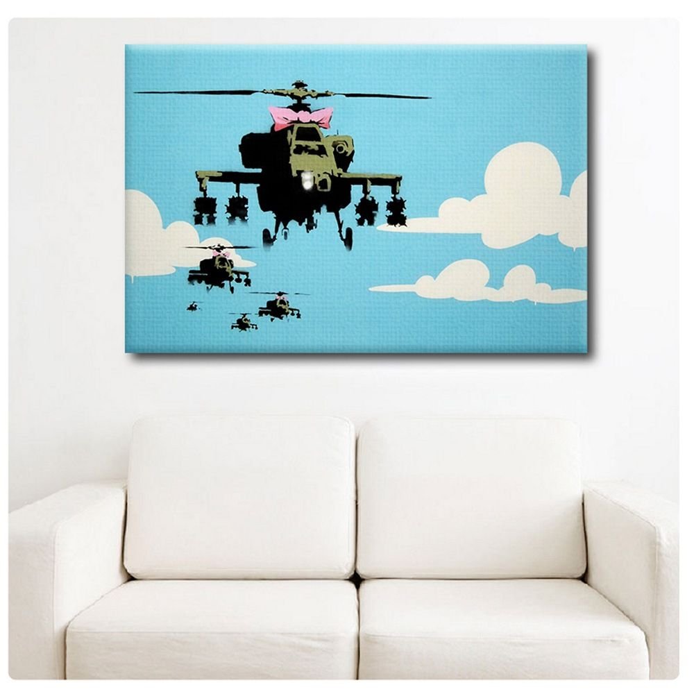 Alonline Art - Helicopter Apache by Banksy | framed stretched canvas (Synthetic) on a ready to hang frame - gallery wrapped | 30"x20" - 76x51cm | Wall art home decor for nursery picture HD artwork